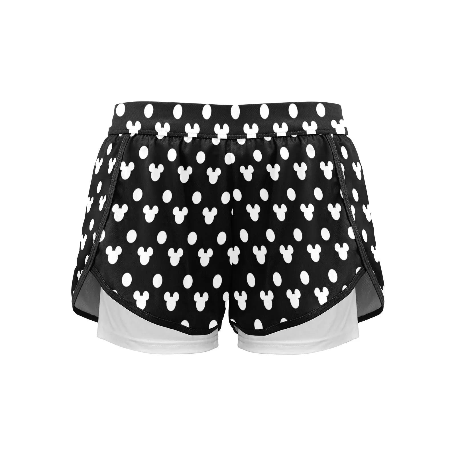 Black With White Mickey Polka Dots Women's Sports Shorts With Compression Liner