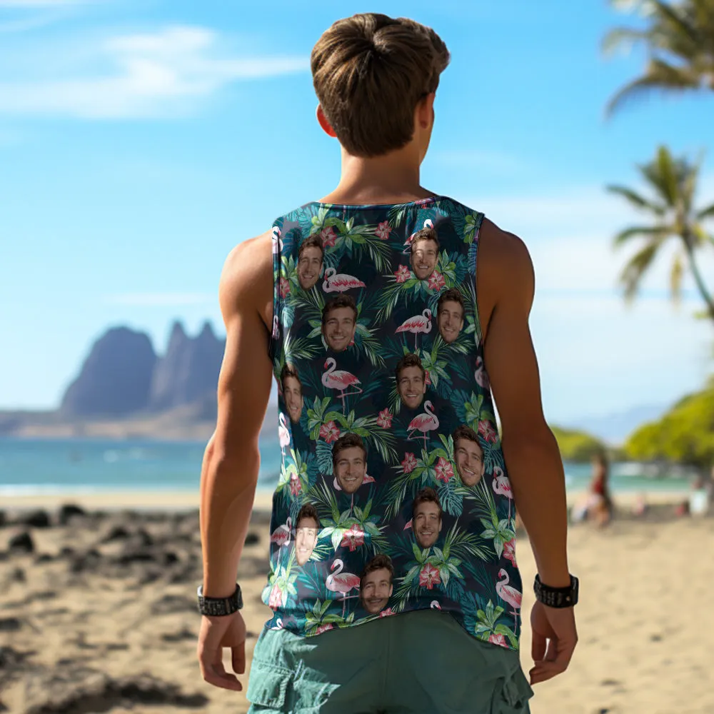 Custom Thick Face Tank Tops Men's Sleeveless Shirt Leaves & Flamingo