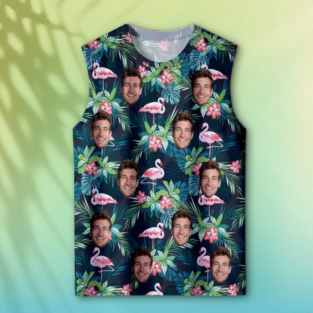 Custom Thick Face Tank Tops Men's Sleeveless Shirt Leaves & Flamingo