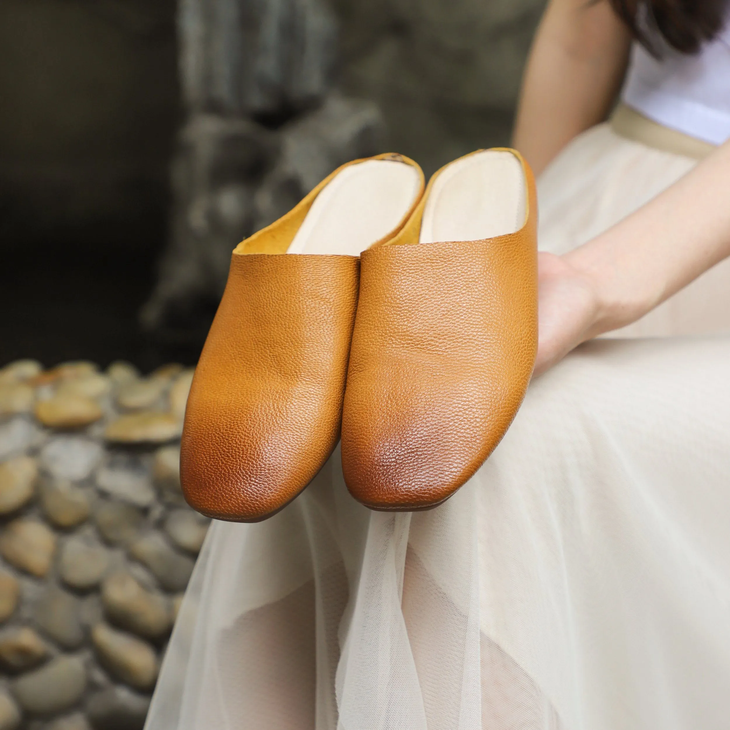 Handmade Leather Summer Slippers Mules Green/Brown/Coffee/Blue/Green 2/Reddish brown/Grey white/Brown 2/Khaki/Yellow/Dark coffee