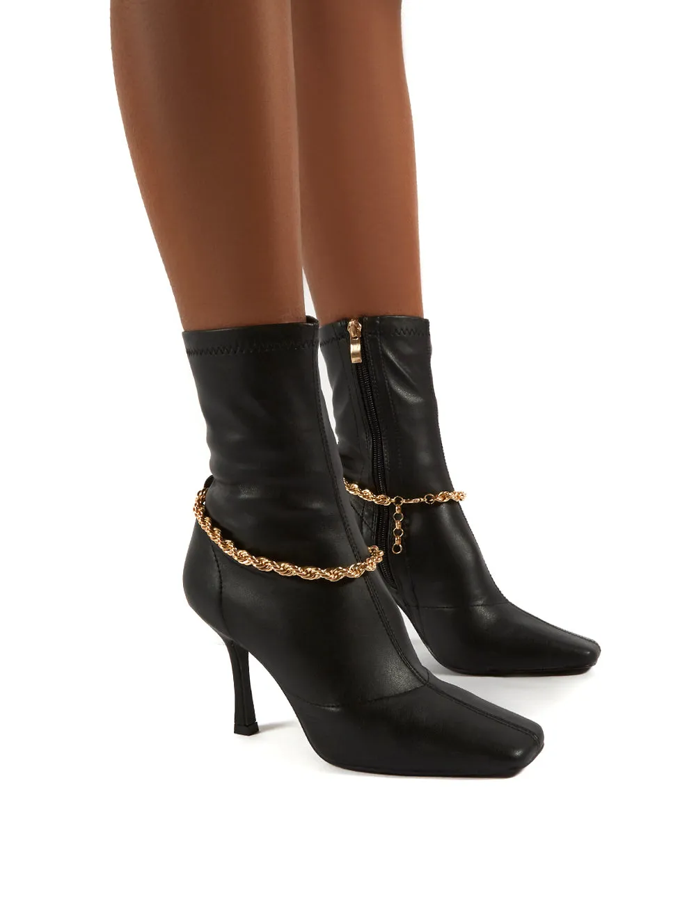 Sacci Black Chain Detail Square Toe Stiletto Heel Ankle Boots