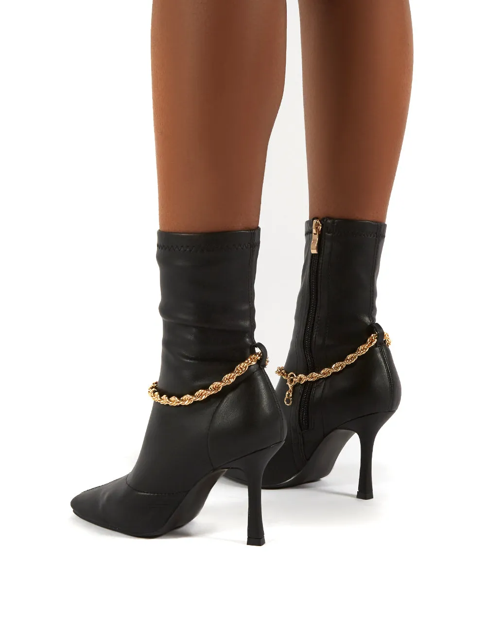 Sacci Black Chain Detail Square Toe Stiletto Heel Ankle Boots