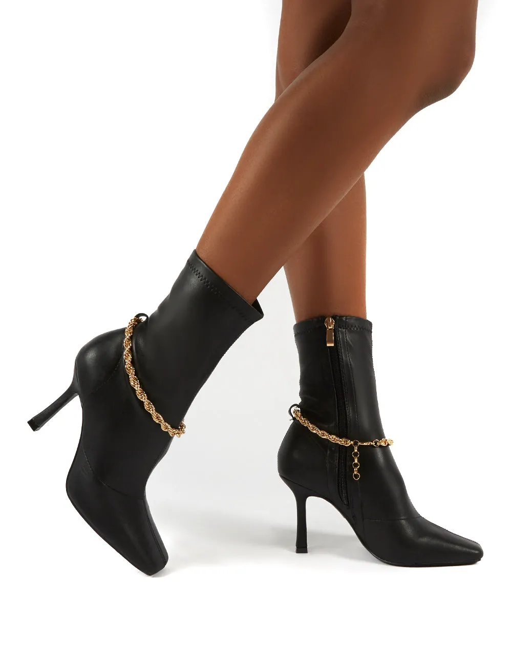 Sacci Black Chain Detail Square Toe Stiletto Heel Ankle Boots