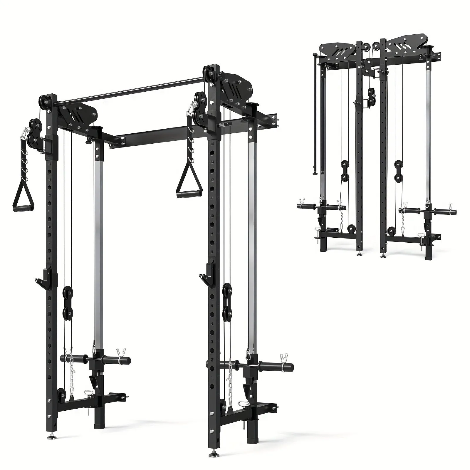 Wall Mounted Folding Squat Rack with Cable Crossover & LAT Pull Down, 5 Adjustable Modes, Space-Saving Home Gym Trainer